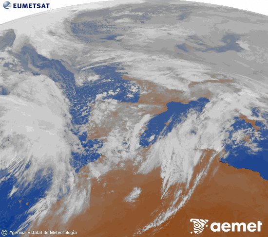 Imagen de la zona de Europa y Norte de �frica del canal infrarrojo del sat�lite Meteosat operacional en 0�N 0�W, procesada para darle color.&nbsp;dimarts, 3 de febrer  2026 10:00