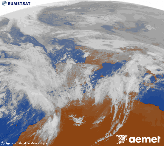 Imagen de la zona de Europa y Norte de �frica del canal infrarrojo del sat�lite Meteosat operacional en 0�N 0�W, procesada para darle color.&nbsp;dimarts, 3 de febrer  2026 13:00