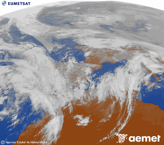 Imagen de la zona de Europa y Norte de �frica del canal infrarrojo del sat�lite Meteosat operacional en 0�N 0�W, procesada para darle color.&nbsp;dimarts, 3 de febrer  2026 14:00