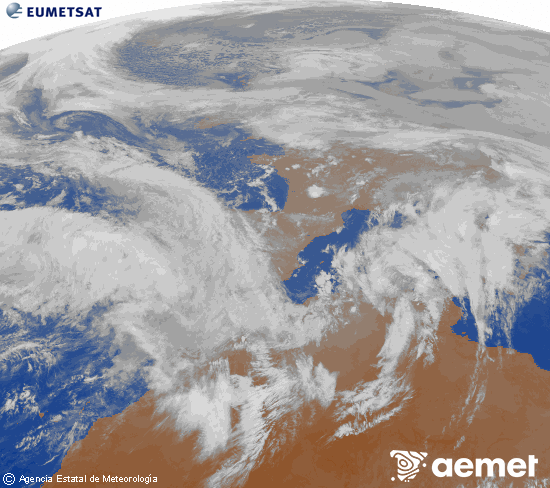 Imatge de la zona d'Europa i Nord d'�frica del canal infraroig del sat�l�lit Meteosat operacional en 0�N 0�W, processada per a donar-li color.&nbsp;dimarts, 3 de febrer  2026 19:00