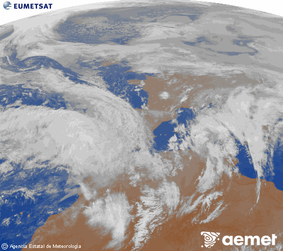 Imatge de la zona d'Europa i Nord d'�frica del canal infraroig del sat�l�lit Meteosat operacional en 0�N 0�W, processada per a donar-li color.&nbsp;dimarts, 3 de febrer  2026 21:00