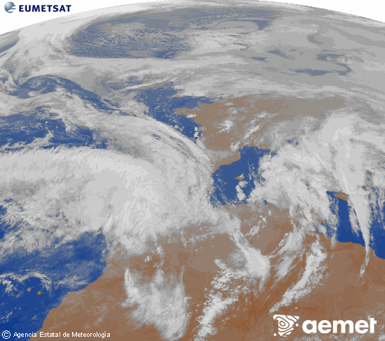 Imatge de la zona d'Europa i Nord d'�frica del canal infraroig del sat�l�lit Meteosat operacional en 0�N 0�W, processada per a donar-li color.&nbsp;dimarts, 3 de febrer  2026 23:00