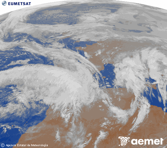 Imatge de la zona d'Europa i Nord d'�frica del canal infraroig del sat�l�lit Meteosat operacional en 0�N 0�W, processada per a donar-li color.&nbsp;dimecres, 4 de febrer  2026 01:00