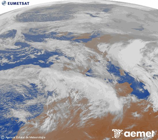 Imagen de la zona de Europa y Norte de �frica del canal infrarrojo del sat�lite Meteosat operacional en 0�N 0�W, procesada para darle color.&nbsp;dimecres, 4 de febrer  2026 09:00