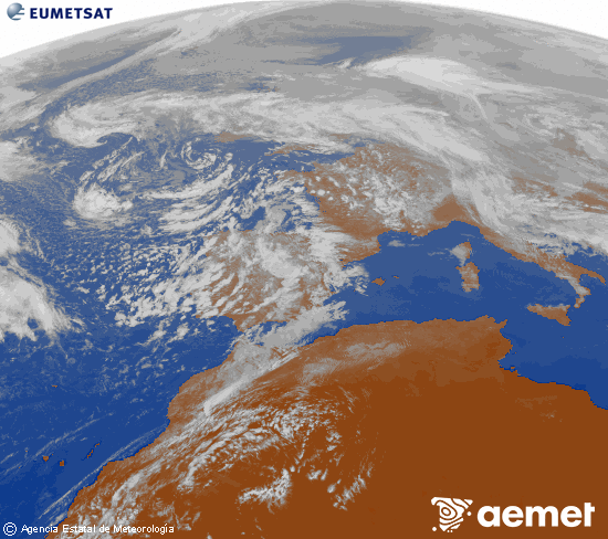 Imagen de la zona de Europa y Norte de �frica del canal infrarrojo del sat�lite Meteosat operacional en 0�N 0�W, procesada para darle color.&nbsp;vendredi, 6 f�vrier  2026 15:00