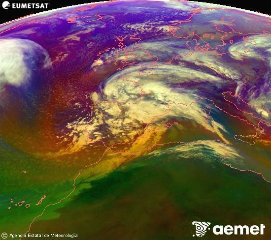 Composici� RGB en la qual es barregen diversos canals del sat�l�lit Meteosat operacional en 0�N 0�W, que ens d�na una idea de les caracter�stiques de les masses d'aire i de la nuvolositat.&nbsp;divendres, 13 de febrer  2026 12:00