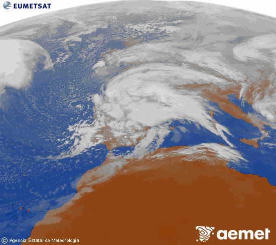Imagen de la zona de Europa y Norte de �frica del canal infrarrojo del sat�lite Meteosat operacional en 0�N 0�W, procesada para darle color.&nbsp;ostirala, 2026ko otsailak 13, ordua: 12:00