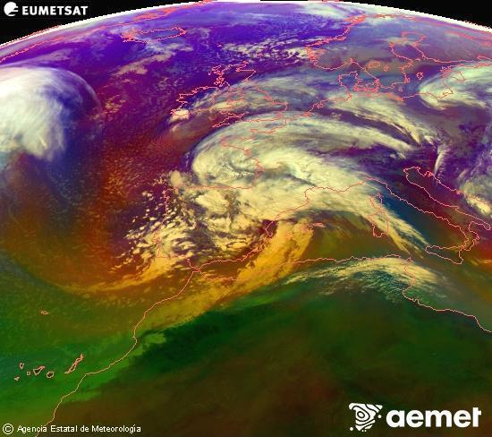 Composici� RGB en la qual es barregen diversos canals del sat�l�lit Meteosat operacional en 0�N 0�W, que ens d�na una idea de les caracter�stiques de les masses d'aire i de la nuvolositat.&nbsp;divendres, 13 de febrer  2026 13:00
