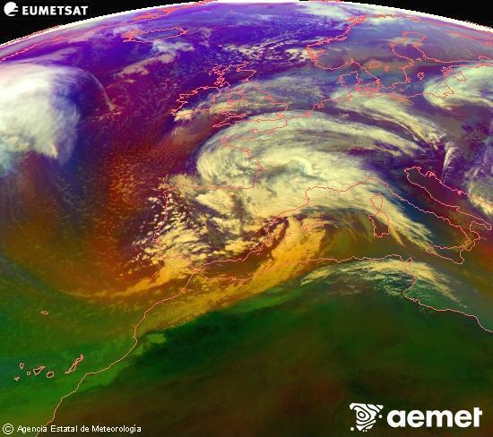 Composici� RGB en la qual es barregen diversos canals del sat�l�lit Meteosat operacional en 0�N 0�W, que ens d�na una idea de les caracter�stiques de les masses d'aire i de la nuvolositat.&nbsp;divendres, 13 de febrer  2026 14:00