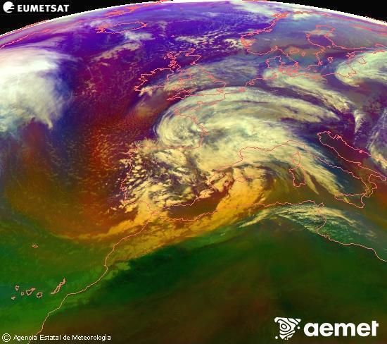 Composici� RGB en la qual es barregen diversos canals del sat�l�lit Meteosat operacional en 0�N 0�W, que ens d�na una idea de les caracter�stiques de les masses d'aire i de la nuvolositat.&nbsp;divendres, 13 de febrer  2026 15:00