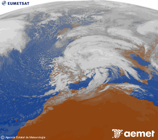Imagen de la zona de Europa y Norte de �frica del canal infrarrojo del sat�lite Meteosat operacional en 0�N 0�W, procesada para darle color.&nbsp;ostirala, 2026ko otsailak 13, ordua: 15:00