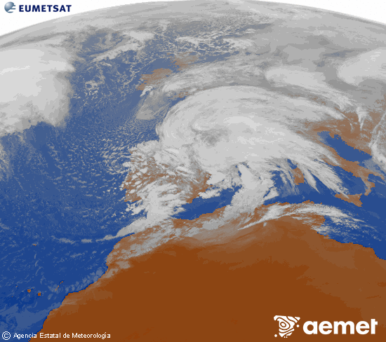 Imagen de la zona de Europa y Norte de �frica del canal infrarrojo del sat�lite Meteosat operacional en 0�N 0�W, procesada para darle color.&nbsp;ostirala, 2026ko otsailak 13, ordua: 16:00