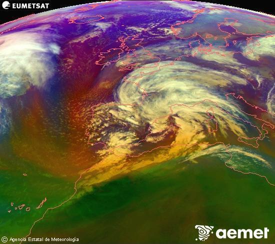 Composici� RGB en la qual es barregen diversos canals del sat�l�lit Meteosat operacional en 0�N 0�W, que ens d�na una idea de les caracter�stiques de les masses d'aire i de la nuvolositat.&nbsp;divendres, 13 de febrer  2026 17:00