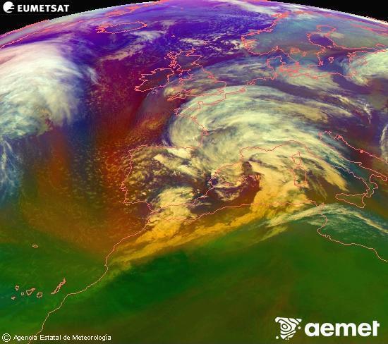 Composici� RGB en la qual es barregen diversos canals del sat�l�lit Meteosat operacional en 0�N 0�W, que ens d�na una idea de les caracter�stiques de les masses d'aire i de la nuvolositat.&nbsp;divendres, 13 de febrer  2026 18:00