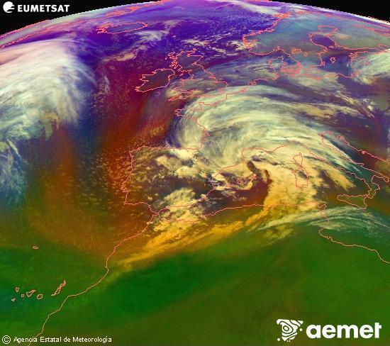 Composici� RGB en la qual es barregen diversos canals del sat�l�lit Meteosat operacional en 0�N 0�W, que ens d�na una idea de les caracter�stiques de les masses d'aire i de la nuvolositat.&nbsp;divendres, 13 de febrer  2026 19:00