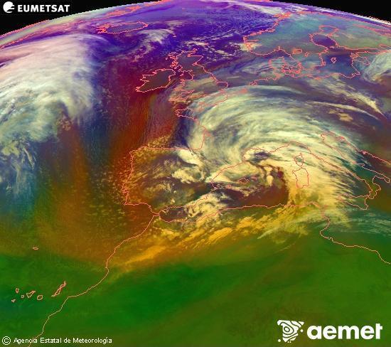 Composici� RGB en la qual es barregen diversos canals del sat�l�lit Meteosat operacional en 0�N 0�W, que ens d�na una idea de les caracter�stiques de les masses d'aire i de la nuvolositat.&nbsp;divendres, 13 de febrer  2026 21:00