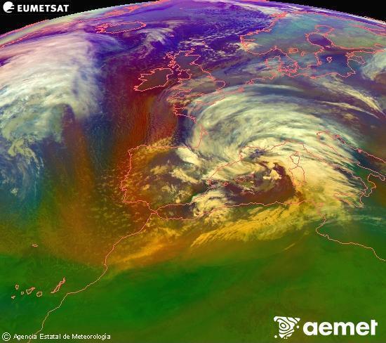 Composici� RGB en la qual es barregen diversos canals del sat�l�lit Meteosat operacional en 0�N 0�W, que ens d�na una idea de les caracter�stiques de les masses d'aire i de la nuvolositat.&nbsp;divendres, 13 de febrer  2026 22:00