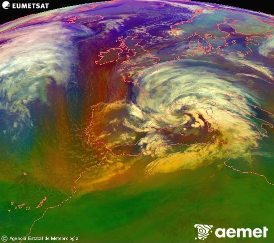 Composici� RGB en la qual es barregen diversos canals del sat�l�lit Meteosat operacional en 0�N 0�W, que ens d�na una idea de les caracter�stiques de les masses d'aire i de la nuvolositat.&nbsp;divendres, 13 de febrer  2026 23:00