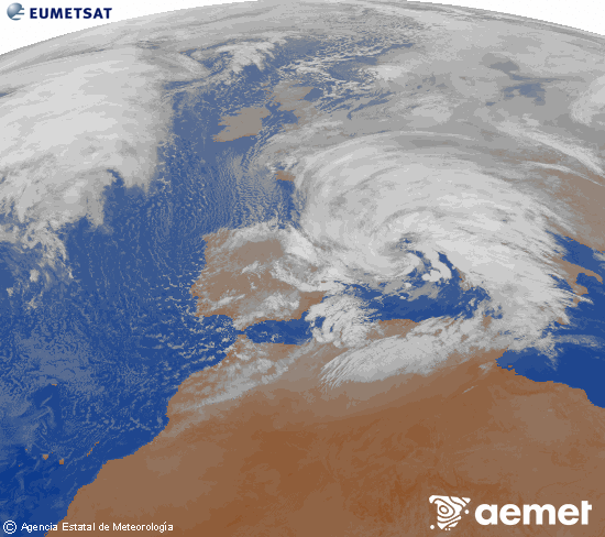 Imagen de la zona de Europa y Norte de �frica del canal infrarrojo del sat�lite Meteosat operacional en 0�N 0�W, procesada para darle color.&nbsp;divendres, 13 de febrer  2026 23:00