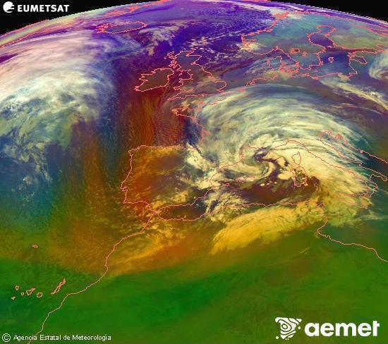 Composici� RGB en la qual es barregen diversos canals del sat�l�lit Meteosat operacional en 0�N 0�W, que ens d�na una idea de les caracter�stiques de les masses d'aire i de la nuvolositat.&nbsp;dissabte, 14 de febrer  2026 00:00
