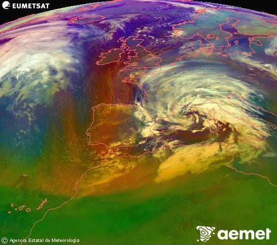 Composici� RGB en la qual es barregen diversos canals del sat�l�lit Meteosat operacional en 0�N 0�W, que ens d�na una idea de les caracter�stiques de les masses d'aire i de la nuvolositat.&nbsp;dissabte, 14 de febrer  2026 01:00