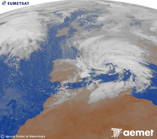 Imagen de la zona de Europa y Norte de �frica del canal infrarrojo del sat�lite Meteosat operacional en 0�N 0�W, procesada para darle color.&nbsp;dissabte, 14 de febrer  2026 01:00