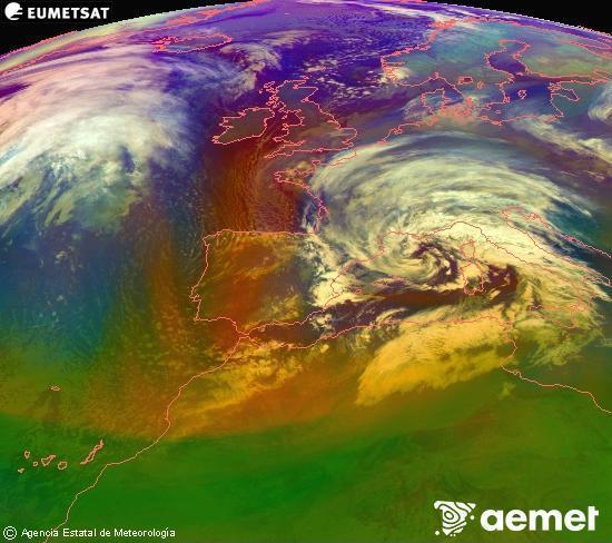 Composici� RGB en la qual es barregen diversos canals del sat�l�lit Meteosat operacional en 0�N 0�W, que ens d�na una idea de les caracter�stiques de les masses d'aire i de la nuvolositat.&nbsp;dissabte, 14 de febrer  2026 02:00