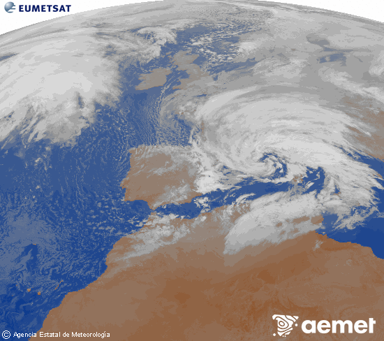 Imagen de la zona de Europa y Norte de �frica del canal infrarrojo del sat�lite Meteosat operacional en 0�N 0�W, procesada para darle color.&nbsp;dissabte, 14 de febrer  2026 02:00