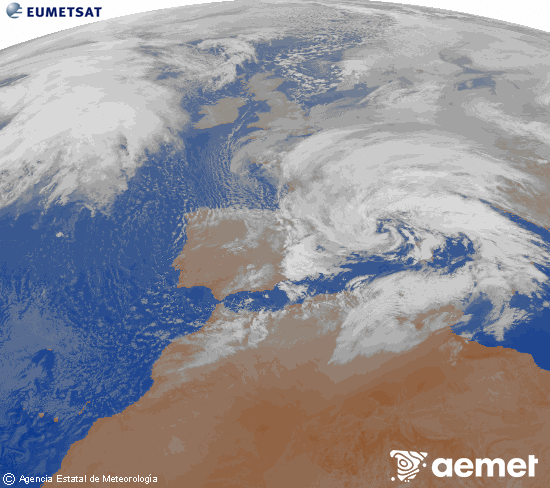 Imagen de la zona de Europa y Norte de �frica del canal infrarrojo del sat�lite Meteosat operacional en 0�N 0�W, procesada para darle color.&nbsp;dissabte, 14 de febrer  2026 03:00