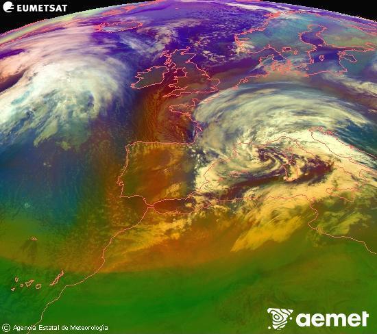 Composici� RGB en la qual es barregen diversos canals del sat�l�lit Meteosat operacional en 0�N 0�W, que ens d�na una idea de les caracter�stiques de les masses d'aire i de la nuvolositat.&nbsp;dissabte, 14 de febrer  2026 04:00