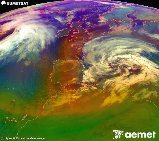 Composici� RGB en la qual es barregen diversos canals del sat�l�lit Meteosat operacional en 0�N 0�W, que ens d�na una idea de les caracter�stiques de les masses d'aire i de la nuvolositat.&nbsp;dissabte, 14 de febrer  2026 05:00