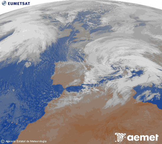 Imagen de la zona de Europa y Norte de �frica del canal infrarrojo del sat�lite Meteosat operacional en 0�N 0�W, procesada para darle color.&nbsp;dissabte, 14 de febrer  2026 05:00