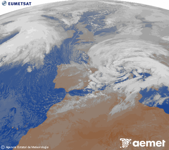 Imagen de la zona de Europa y Norte de �frica del canal infrarrojo del sat�lite Meteosat operacional en 0�N 0�W, procesada para darle color.&nbsp;dissabte, 14 de febrer  2026 06:00