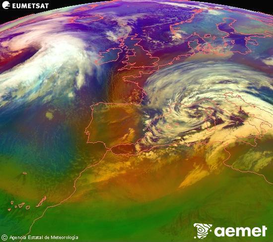 Composici� RGB en la qual es barregen diversos canals del sat�l�lit Meteosat operacional en 0�N 0�W, que ens d�na una idea de les caracter�stiques de les masses d'aire i de la nuvolositat.&nbsp;dissabte, 14 de febrer  2026 07:00