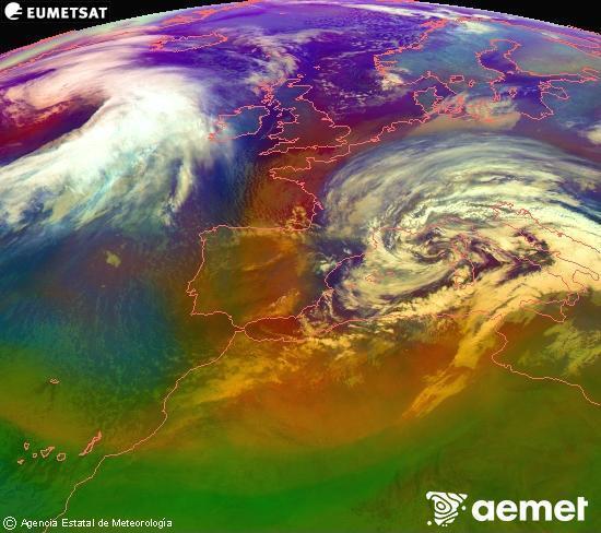 Composici� RGB en la qual es barregen diversos canals del sat�l�lit Meteosat operacional en 0�N 0�W, que ens d�na una idea de les caracter�stiques de les masses d'aire i de la nuvolositat.&nbsp;dissabte, 14 de febrer  2026 08:00