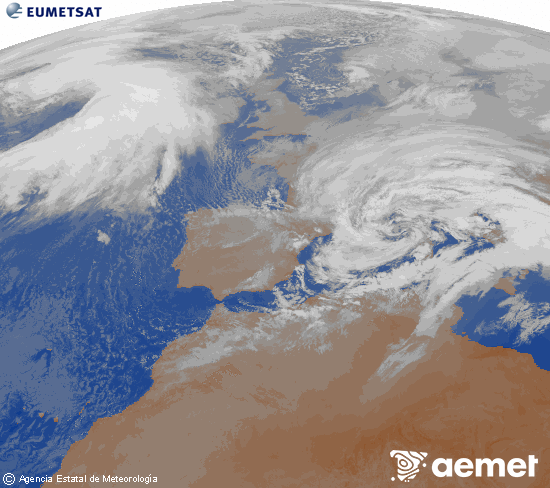 Imagen de la zona de Europa y Norte de �frica del canal infrarrojo del sat�lite Meteosat operacional en 0�N 0�W, procesada para darle color.&nbsp;dissabte, 14 de febrer  2026 08:00