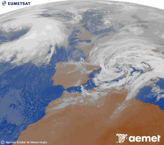 Imagen de la zona de Europa y Norte de �frica del canal infrarrojo del sat�lite Meteosat operacional en 0�N 0�W, procesada para darle color.&nbsp;dissabte, 14 de febrer  2026 09:00