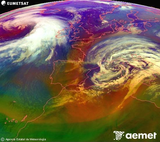 Composici� RGB en la qual es barregen diversos canals del sat�l�lit Meteosat operacional en 0�N 0�W, que ens d�na una idea de les caracter�stiques de les masses d'aire i de la nuvolositat.&nbsp;dissabte, 14 de febrer  2026 10:00