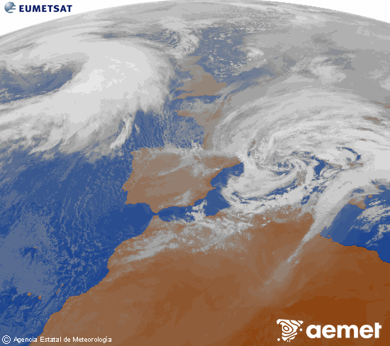 Imagen de la zona de Europa y Norte de �frica del canal infrarrojo del sat�lite Meteosat operacional en 0�N 0�W, procesada para darle color.&nbsp;dissabte, 14 de febrer  2026 10:00