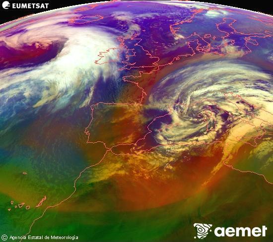 Composici� RGB en la qual es barregen diversos canals del sat�l�lit Meteosat operacional en 0�N 0�W, que ens d�na una idea de les caracter�stiques de les masses d'aire i de la nuvolositat.&nbsp;dissabte, 14 de febrer  2026 11:00