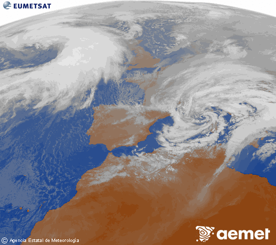 Imagen de la zona de Europa y Norte de �frica del canal infrarrojo del sat�lite Meteosat operacional en 0�N 0�W, procesada para darle color.&nbsp;dissabte, 14 de febrer  2026 11:00