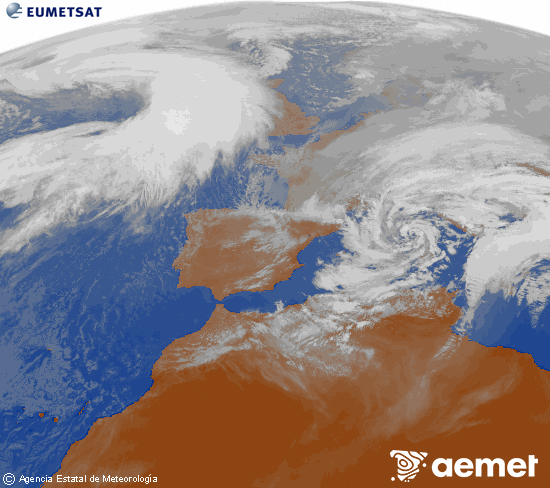 Imagen de la zona de Europa y Norte de �frica del canal infrarrojo del sat�lite Meteosat operacional en 0�N 0�W, procesada para darle color.&nbsp;dissabte, 14 de febrer  2026 13:00