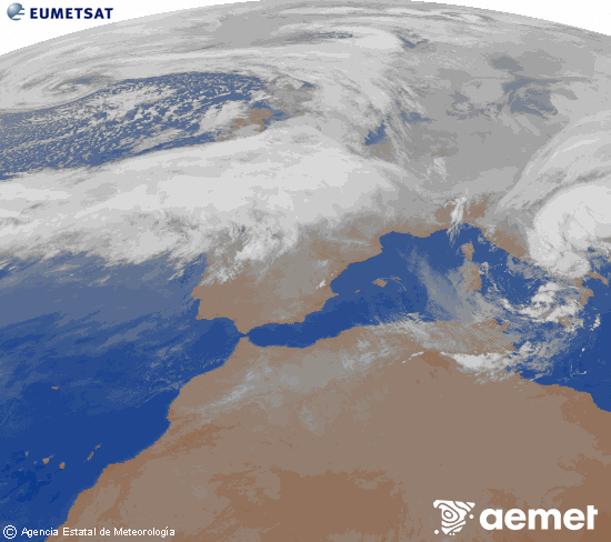 Imagen de la zona de Europa y Norte de �frica del canal infrarrojo del sat�lite Meteosat operacional en 0�N 0�W, procesada para darle color.&nbsp;domingo, 15 febrero 2026 a las 06:00
