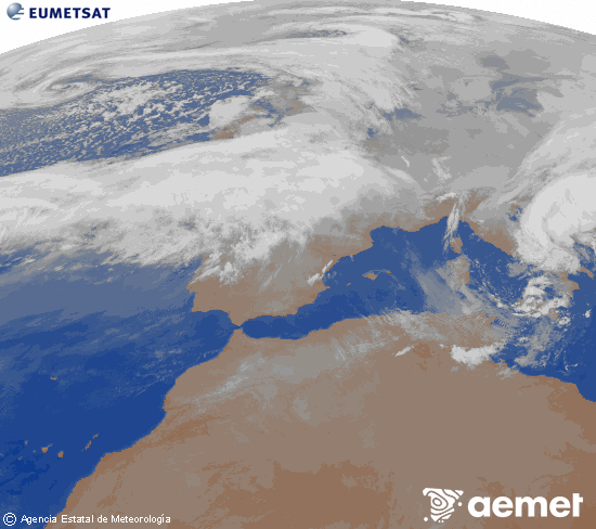 Imagen de la zona de Europa y Norte de �frica del canal infrarrojo del sat�lite Meteosat operacional en 0�N 0�W, procesada para darle color.&nbsp;domingo, 15 febrero 2026 a las 07:00