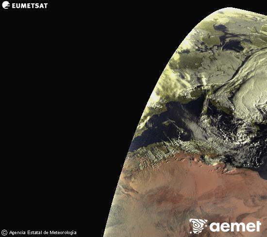 Esta imagen se genera utilizando informaci�n de los canales visibles del sat�lite METEOSAT perteneciente a la segunda generaci�n de sat�lites Meteosat (MSG). Por ese motivo, s�lo hay informaci�n en la zona iluminada por el sol. Adem�s, los canales han sido normalizados para que el brillo no dependa de la posici�n del sol.&nbsp;domingo, 15 febrero 2026 a las 08:00