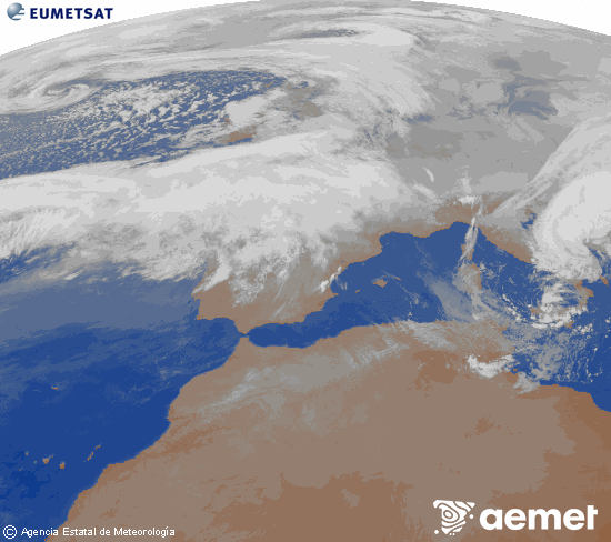 Imagen de la zona de Europa y Norte de �frica del canal infrarrojo del sat�lite Meteosat operacional en 0�N 0�W, procesada para darle color.&nbsp;domingo, 15 febrero 2026 a las 08:00