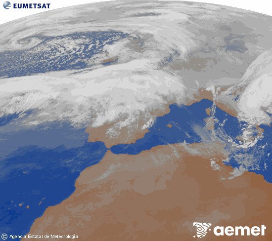 Imagen de la zona de Europa y Norte de �frica del canal infrarrojo del sat�lite Meteosat operacional en 0�N 0�W, procesada para darle color.&nbsp;domingo, 15 febrero 2026 a las 09:00