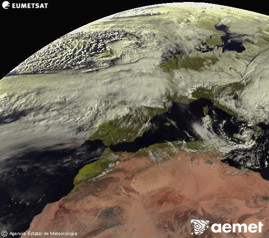 Esta imagen se genera utilizando informaci�n de los canales visibles del sat�lite METEOSAT perteneciente a la segunda generaci�n de sat�lites Meteosat (MSG). Por ese motivo, s�lo hay informaci�n en la zona iluminada por el sol. Adem�s, los canales han sido normalizados para que el brillo no dependa de la posici�n del sol.&nbsp;domingo, 15 febrero 2026 a las 10:00