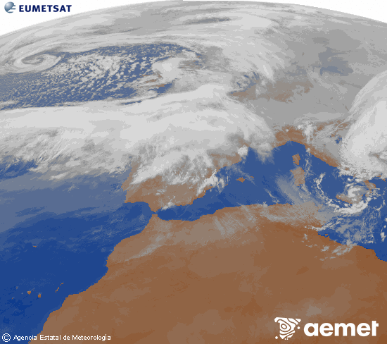 Imagen de la zona de Europa y Norte de �frica del canal infrarrojo del sat�lite Meteosat operacional en 0�N 0�W, procesada para darle color.&nbsp;domingo, 15 febrero 2026 a las 10:00