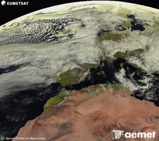 Esta imagen se genera utilizando informaci�n de los canales visibles del sat�lite METEOSAT perteneciente a la segunda generaci�n de sat�lites Meteosat (MSG). Por ese motivo, s�lo hay informaci�n en la zona iluminada por el sol. Adem�s, los canales han sido normalizados para que el brillo no dependa de la posici�n del sol.&nbsp;domingo, 15 febrero 2026 a las 11:00
